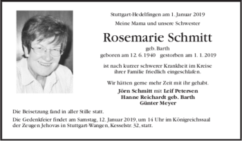 Todesanzeige von Rosemarie Schmitt von trauer.de
