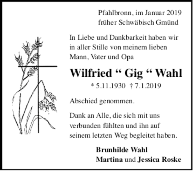  Traueranzeige für Wilfried Wahl vom 16.01.2019 aus Trauer.de
