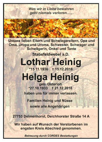 Todesanzeige von Lothar und Helga Heinig von Trauer.de