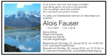 Todesanzeige von Alois Fauser von trauer.de