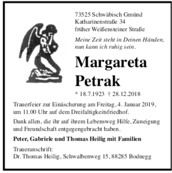 Todesanzeige von Margareta Petrak von Trauer.de