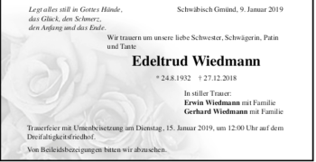 Todesanzeige von Edeltraud Wiedmann von Trauer.de