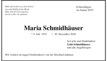 Todesanzeige von Maria Schmidhäuser von trauer.de