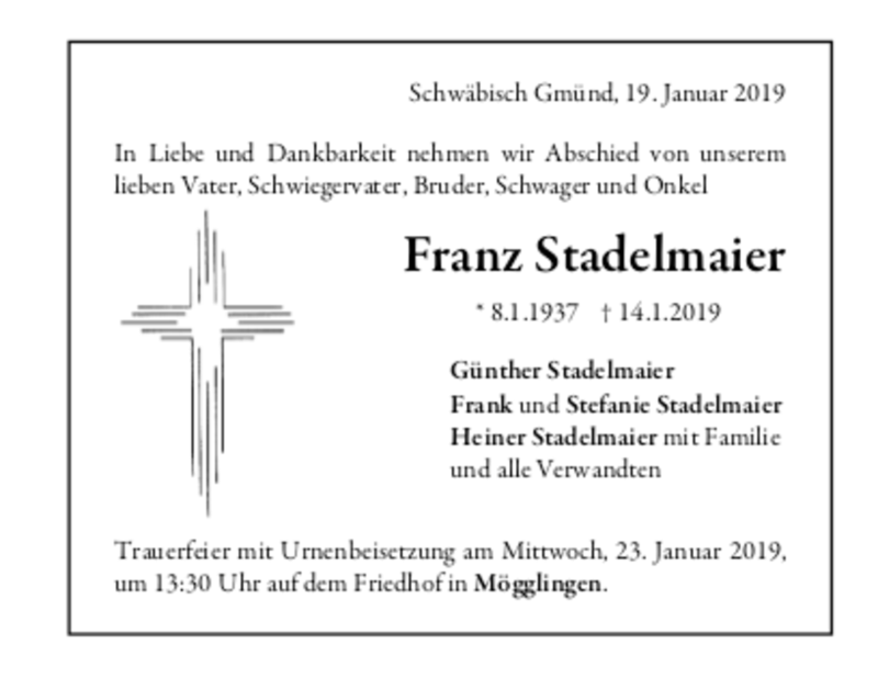  Traueranzeige für Franz Stadelmaier vom 19.01.2019 aus trauer.de