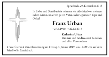 Todesanzeige von Franz Urban von trauer.de