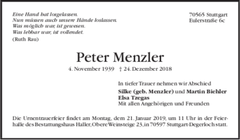 Todesanzeige von Peter Menzler von trauer.de