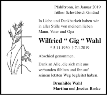 Todesanzeige von Wilfried Wahl von Trauer.de