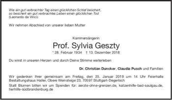 Todesanzeige von Sylvia Geszty von trauer.de