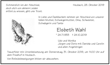 Todesanzeige von Elsbeth Wahl von Trauer.de
