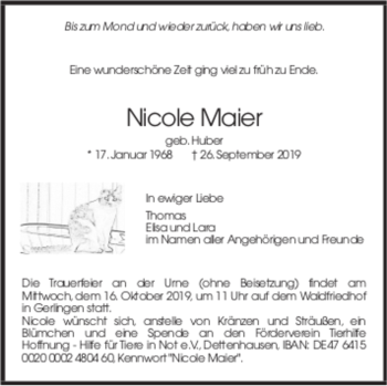 Todesanzeige von Nicole Maier von trauer.de