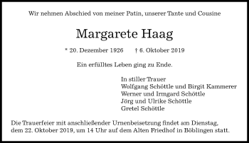 Todesanzeige von Margarete Haag von trauer.de