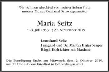 Todesanzeige von Maria Seitz von Trauer.de