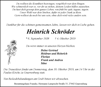 Todesanzeige von Heinrich Schröder von trauer.de
