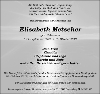 Todesanzeige von Elisabeth Metscher von Trauer.de