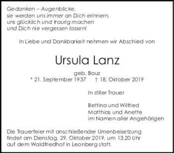 Todesanzeige von Ursula Lanz von Trauer.de