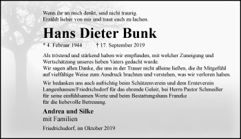 Todesanzeige von Hans Dieter Bunk von trauer.de