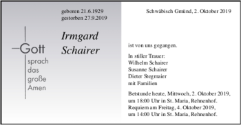 Todesanzeige von Irmgard Schairer von Trauer.de