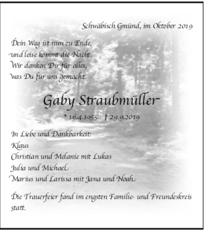  Traueranzeige für Gaby Straubmüller vom 11.10.2019 aus trauer.de