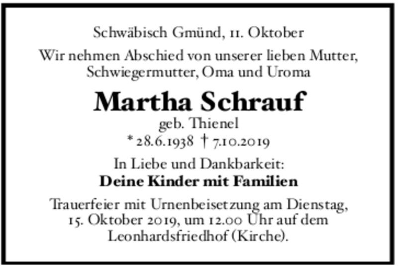  Traueranzeige für Martha Schrauf vom 11.10.2019 aus trauer.de