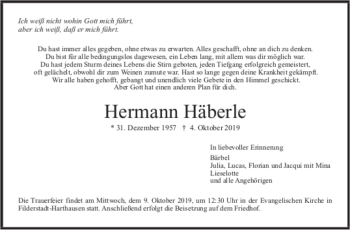Todesanzeige von Hermann Häberle von trauer.de