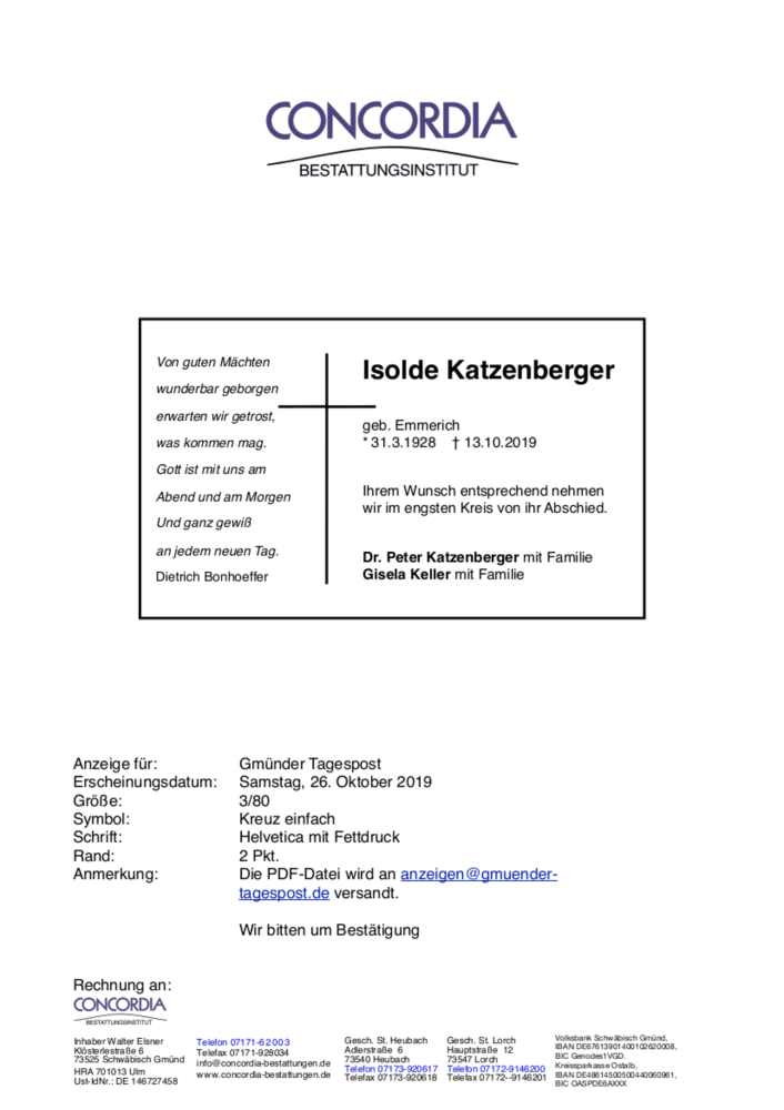  Traueranzeige für Isolde Katzenberger vom 26.10.2019 aus trauer.de