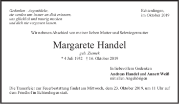 Todesanzeige von Margarete Handel von Trauer.de