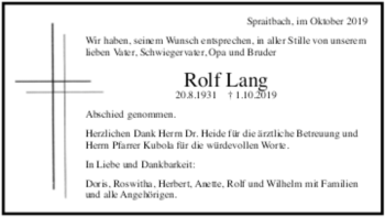 Todesanzeige von Rolf Lang von Trauer.de