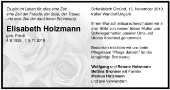 Todesanzeige von Elisabeth Holzmann von Trauer.de