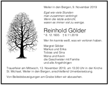 Todesanzeige von Reinhold Gölder von Trauer.de