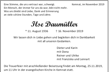 Todesanzeige von Ilse Daumüller von Trauer.de