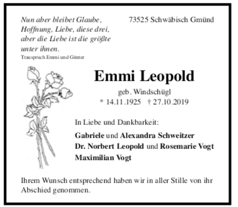  Traueranzeige für Emma Leopold vom 08.11.2019 aus trauer.de