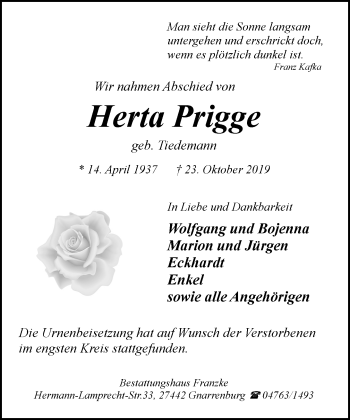 Todesanzeige von Herta Prigge von Trauer.de