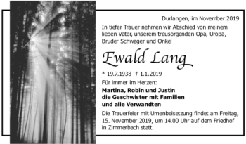 Todesanzeige von Ewald Lang von Trauer.de
