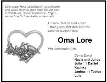 Todesanzeige von Lore Hieber von Trauer.de
