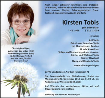 Todesanzeige von Kirsten Tobis von Trauer.de