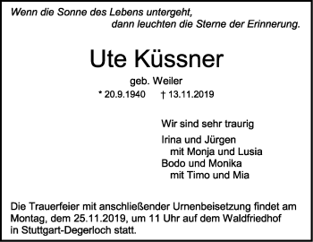 Todesanzeige von Ute Küssner von Trauer.de
