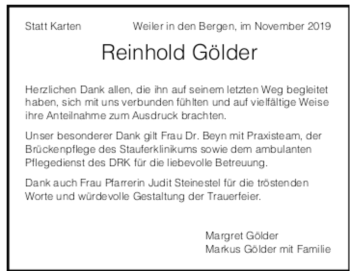 Todesanzeige von Reinhold Gölder von Trauer.de