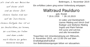 Todesanzeige von Waltraud Paulduro von Trauer.de