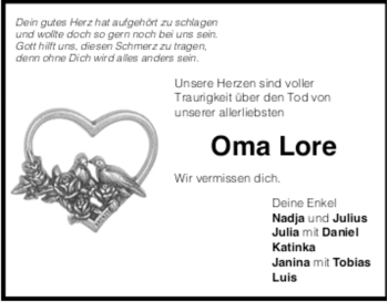 Todesanzeige von Oma Lore  von Trauer.de