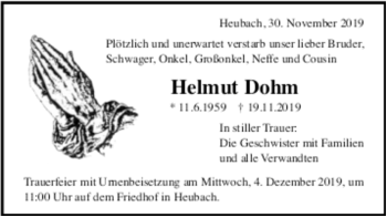 Todesanzeige von Helmut Dohm von Trauer.de