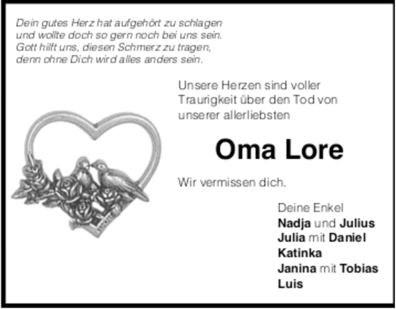  Traueranzeige für Oma Lore  vom 14.11.2019 aus Trauer.de