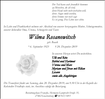 Todesanzeige von Wilma Rosanowitsch von trauer.de