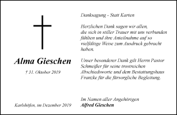 Todesanzeige von Alma Gieschen von Trauer.de