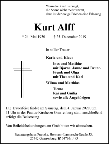 Todesanzeige von Kurt Alff von Trauer.de