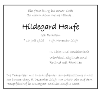 Todesanzeige von Hildegard Haufe von trauer.de