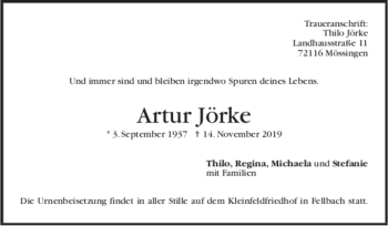 Todesanzeige von Artur Jörke von trauer.de