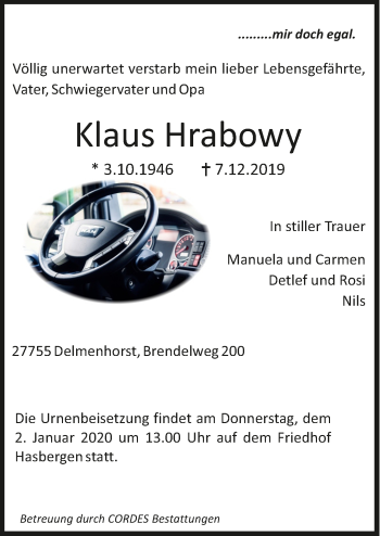Todesanzeige von Klaus Hrabowy von trauer.de