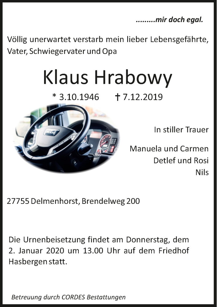  Traueranzeige für Klaus Hrabowy vom 21.12.2019 aus trauer.de