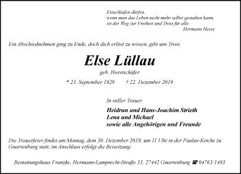 Todesanzeige von Else Lüllau von Trauer.de