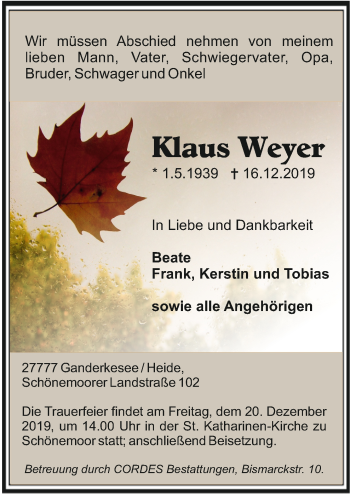 Todesanzeige von Klaus Weyer von trauer.de